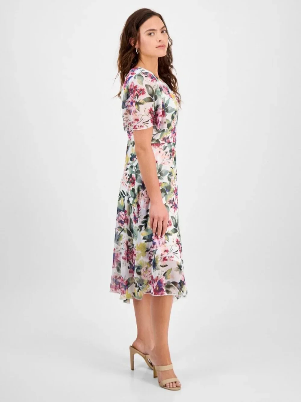 Floral Chiffon Midi Dress With Flutter Sleeves & Scoop Neckline By Connected